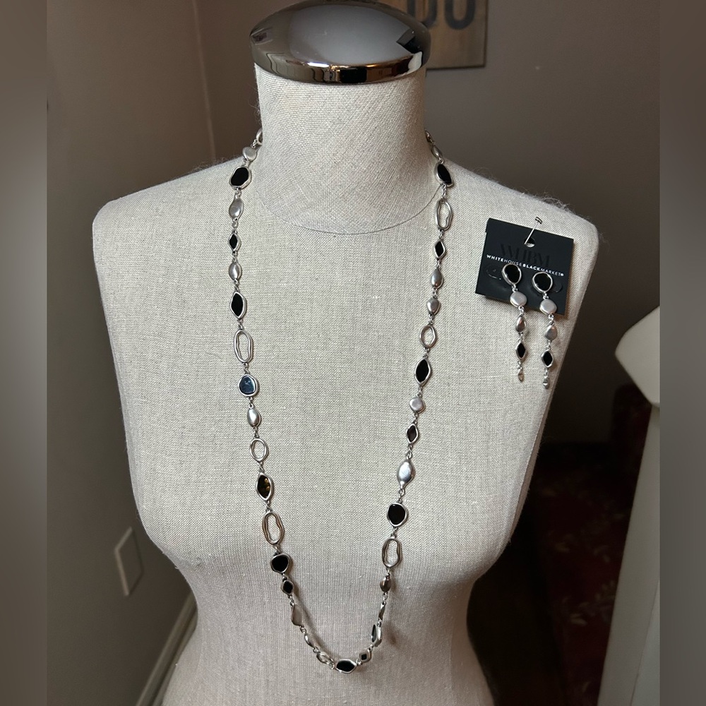 White House Black Market Silver & Black Drop Earrings with matching necklace.